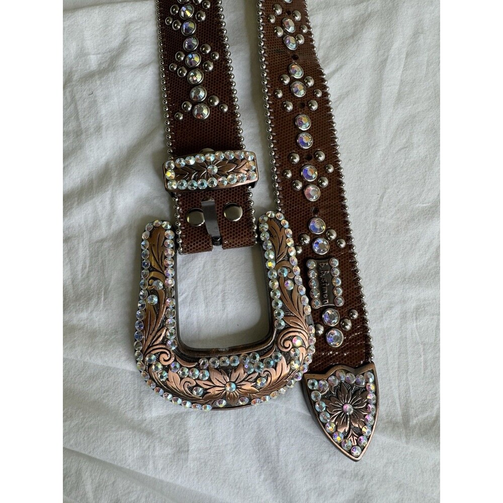 B.B. Simon Leather Belt Brown & Bling Clear Rhinestones Western Cowgirl Size L